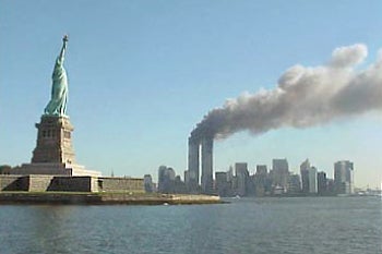 World Trade Center towers burn on 9/11