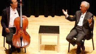 Cellist Yo-Yo Ma and Professor Antonio Damasio engaged in a discussion