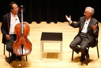 Cellist Yo-Yo Ma and Professor Antonio Damasio engaged in a discussion