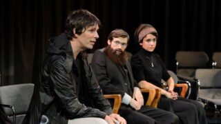 David Bridel, left, at rehearsal with MFA alums Patrick Toth and Pia Shah.