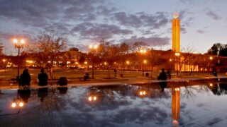 A reflection of the Von KleinSmid Center appearing in the Leavey Reflecting Pool