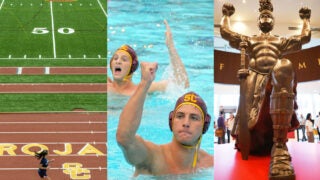 Women running on USC track (Left), Athletes in the pool (Middle), and bronze statue of Trommy Trojan (Right)