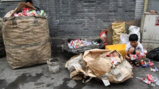 young child sorting recycling