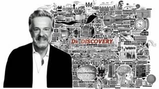 Dr. Discovery standing next to a collage of USC Iconography