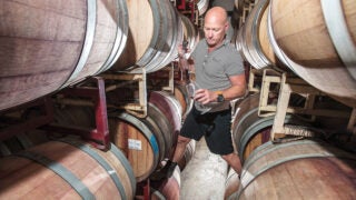 Man pouring wine from one of several wine casks