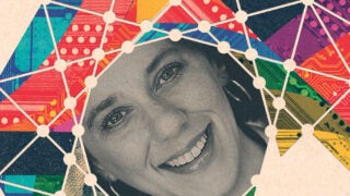 Women's face with a network of lines and circuits around her