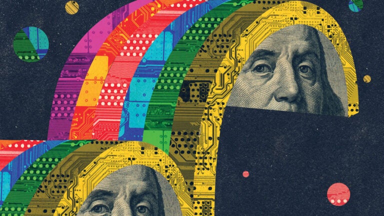 Benjamin Franklin currency image with rainbow circuits wrapping around it