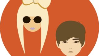 Red circle with drawn heads of Lady Gaga and Justin Bieber