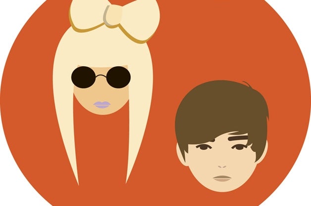 Red circle with drawn heads of Lady Gaga and Justin Bieber