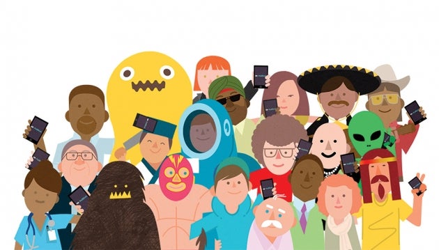Various people holding up phones and embracing
