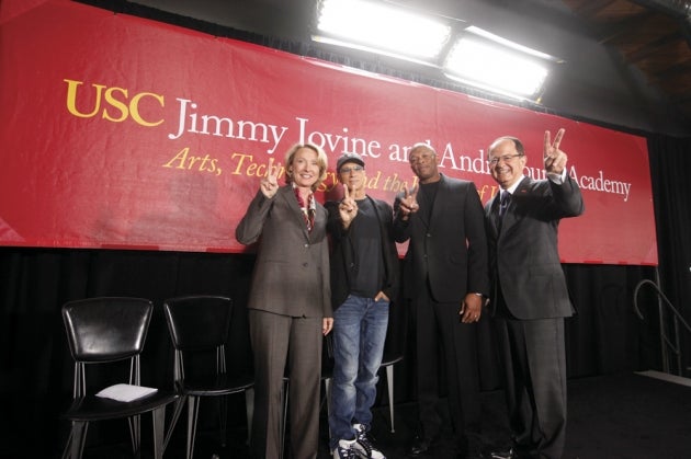 Director Erica Muhl, left, and music industry giants Jimmy Iovine and Dr. Dre (Andre Young) with former USC President C. L. Max Nikias
