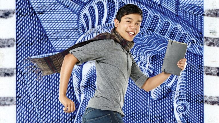Man in the act of mid run against the backdrop of a US postage stamp