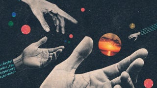 Various hands being connected by code reaching out into space