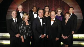 From left, back row: Jerry Neely, Mark Ridley-Thomas, Rebecca Soni, Barbara Cotler, Mitchell Lew; front row: Patrick Auerbach, Linda Givvin, Frank Fertitta, C. L. Max Nikias, Geraldine Knatz.