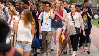 New students walking on USC's campus during orientation