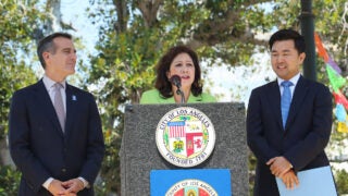 Hilda Solis speaking at news conference