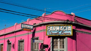 Bright pink pharmacy building