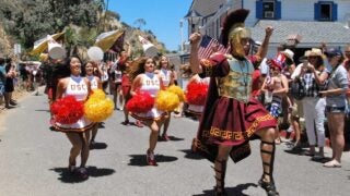Drum Major and Song Girls marching on Catalina Island