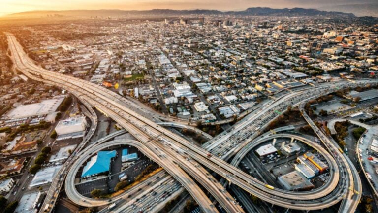 Freeway interchange at dusk