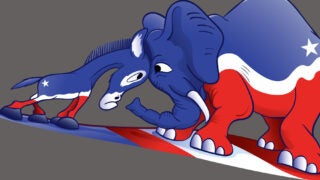 Cartoon donkey and elephant head-to-head