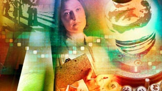 Woman with clipboard behind colorful montage