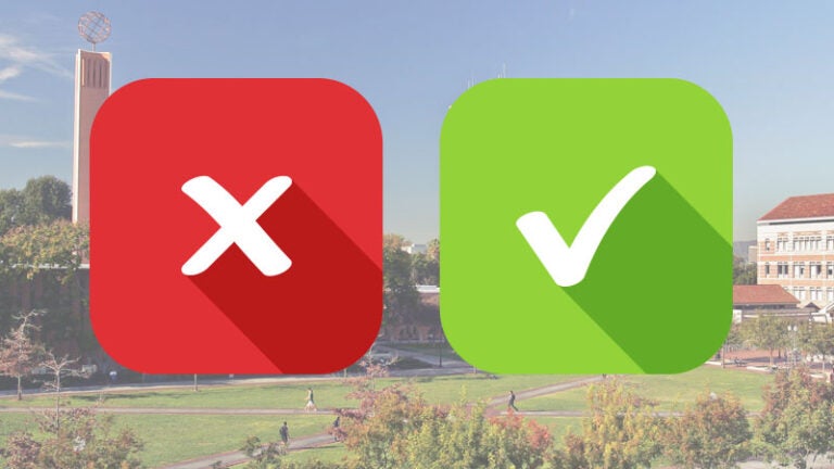 Green checkmark and red X against a backdrop of USC
