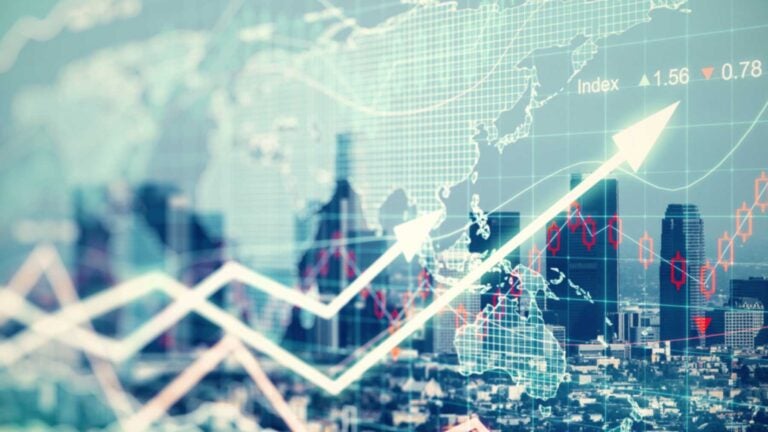 Stock chart with arrows pointing upwards