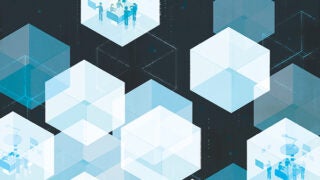 Various cube rooms floating with people inside working