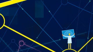 Man with a hardhat looking at a map of the brain standing on top of a network of circles and lines