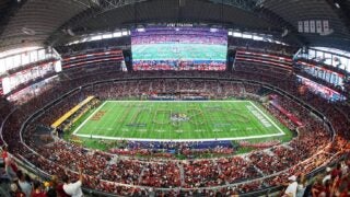 Trojan Marching Band performing at a stadium