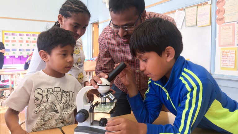 children looking into micrscope