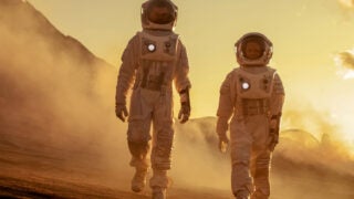 Two people walking in spacesuits
