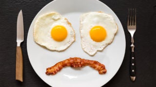 A plate with two eggs and bacon