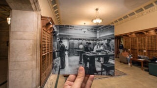 USC Doheny Library contrasted with a photo of the same location in the past