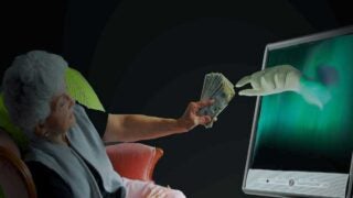 Elderly woman holding dollar bills with a hand from a tablet screen reaching for them