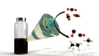 Nanoparticle catalysts, suspended in liquid, left, create a reaction in the funnel, turning the red and black carbon dioxide molecules into hydrocarbons