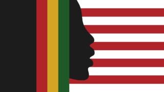 Illustration of American flag and person signing