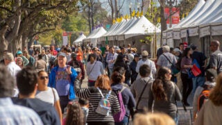 Crowds make their way down Trousdale Parkway during the Festival of Books at USC. (USC Photo/Gus Ruelas)