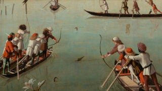 This Renaissance painting by Vittore Carpaccio, titled Hunting on the Lagoon (ca. 1490; Venice, Italy), shows Venetian bird hunters. Painted in oils on a wooden panel, the hinges and latch suggest it once served as a decorative window shutter or the door of a cabinet.
