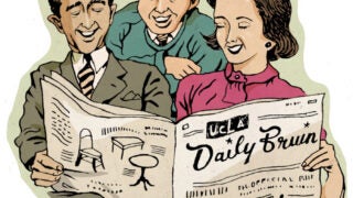 Three students crowded around the paper reading the Daily Bruin