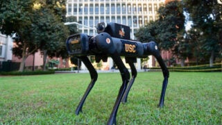 Laser-D, an animal-like robot that can crawl, crouch and disinfect to fight COVID-19.