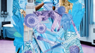 Healthcare worker during COVID wearing a dress full of healthcare images