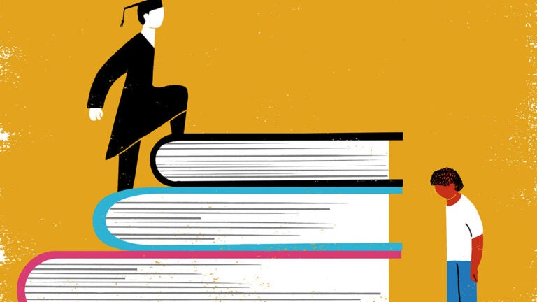 A student in graduation attire climbing a staircase of books as another student of color looks downtrodden