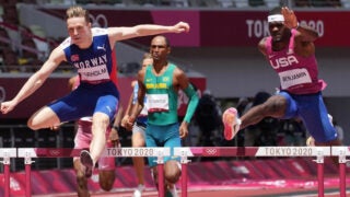 Karsten Warholm and Rai Benjamin in the Olympic men's 400m hurdles