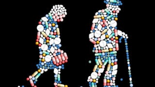 silhouette of senior citizens outlined in pills illustration