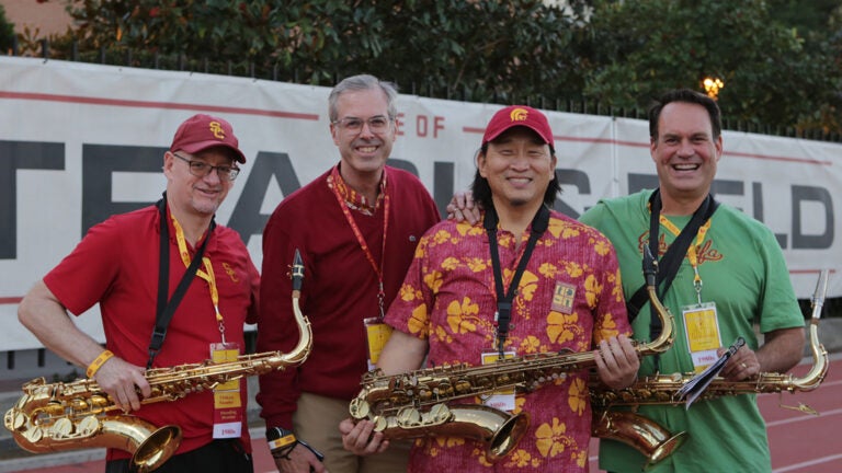 USC Trojan Marching Band reunion: Posing with friends