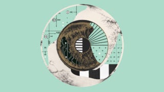 Diagram of an eye with circuit boards in the background