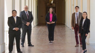 From left: USC alumni Angelo Reyes, Manuel Carmona, Kellee O'Rourke, Matthew Feaster and Adrienne Kung helped Pasadena achieve one of the highest COVID-19 vaccination rates in the state.