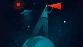 planet earth with person standing on it illustration