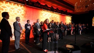 In April 2022, she conferred posthumous degrees upon Japanese American USC students of the Nisei who were incarcerated during World War II and not allowed to return to the university. (USC Photo/Steve Cohn)